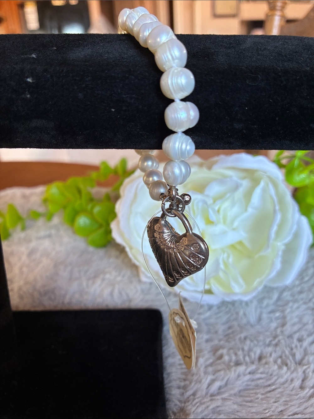 Cost Plus World Market White Pearl Bracelet with Heart Charm